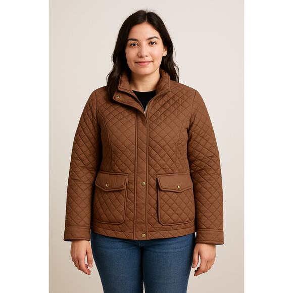 Details Intl Brown Quilted Jacket Womens Large Lightweight Snap Pocket Coat - Picture 1 of 8